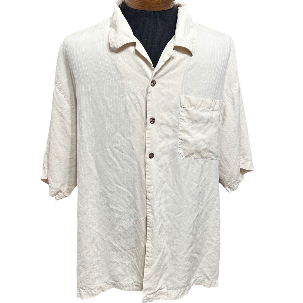 Eagle Dry Goods Button Down Mens 2XL Ivory Silk Striped Palm Tree Camp Shirt